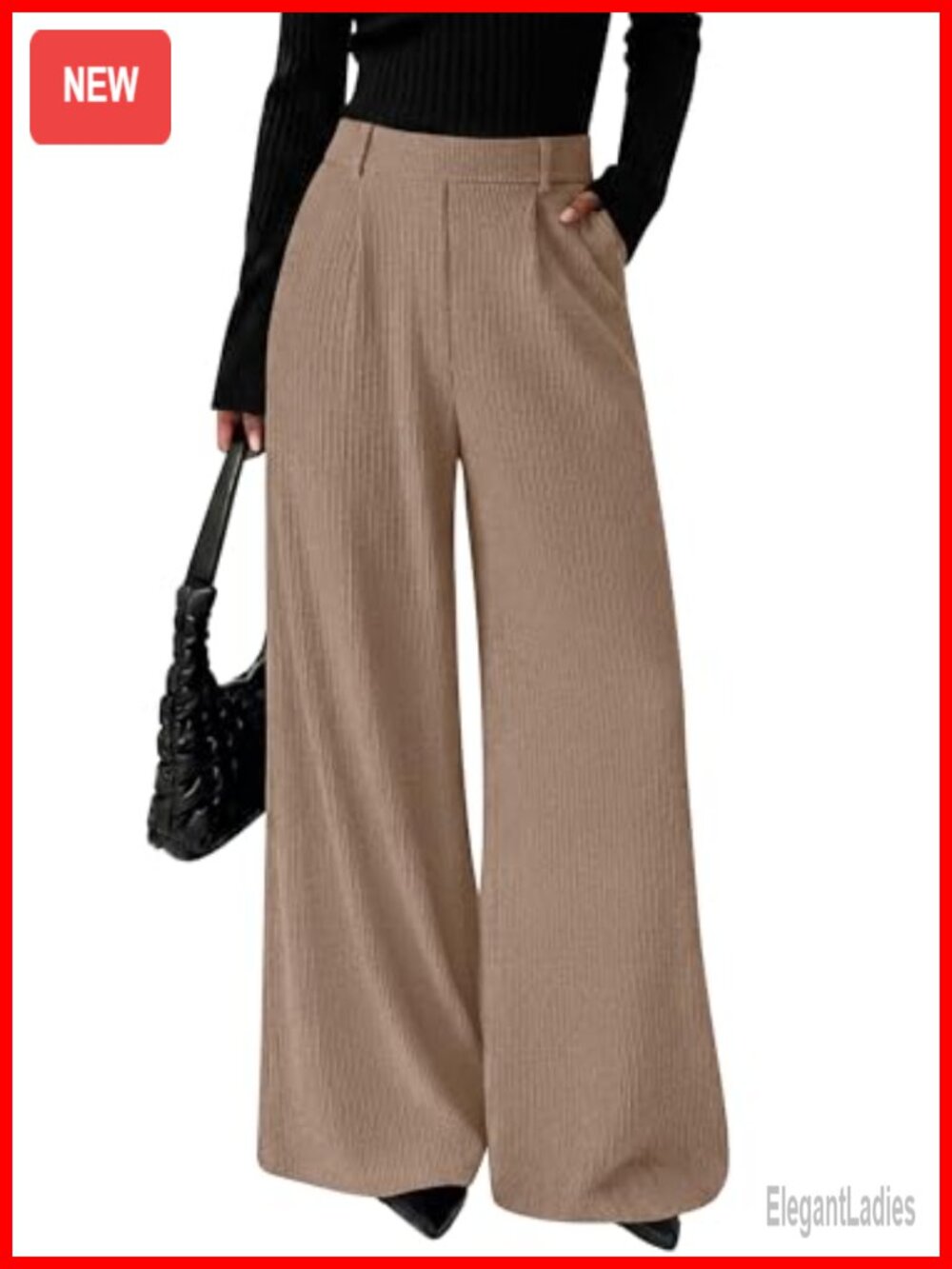 Wide Leg Ribbed High Waist Business Casual Trousers with Pockets